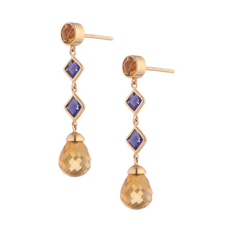 Mixed Cut Deakin & Francis 18 Karat Yellow Gold Citrine and Iolite Drop Earrings For Sale