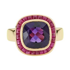 Deakin & Francis 18 Karat Yellow Gold Cushion Shape Amethyst and Ruby Ring