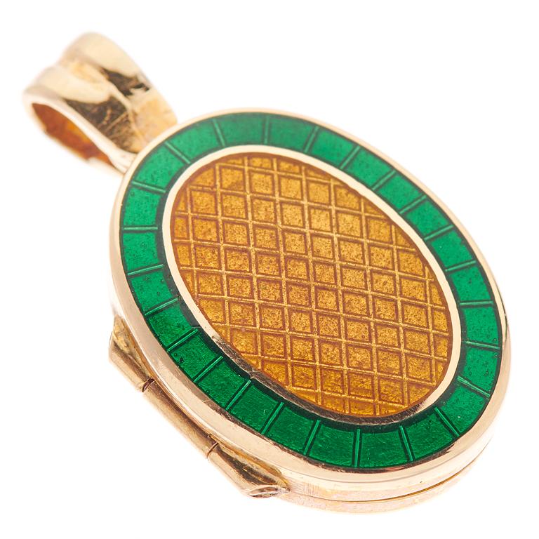 Deakin & Francis 18 Karat Yellow Gold Dark Green and Brown Enamel Locket In New Condition For Sale In Birmingham, West Midlands