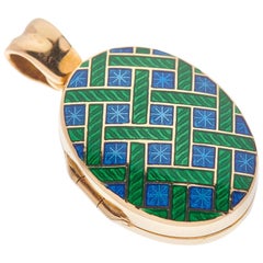 Deakin 
Francis 18 Karat Yellow Gold Dark Green and Royal Blue Enamel Locket