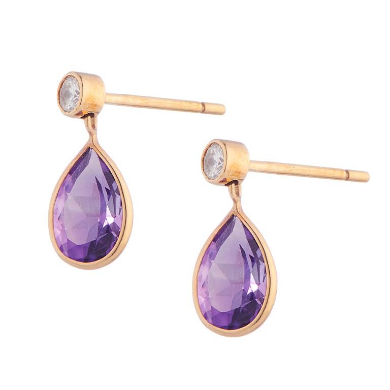 Pear Cut Deakin & Francis 18 Karat Yellow Gold Diamond and Amethyst Drop Earrings For Sale