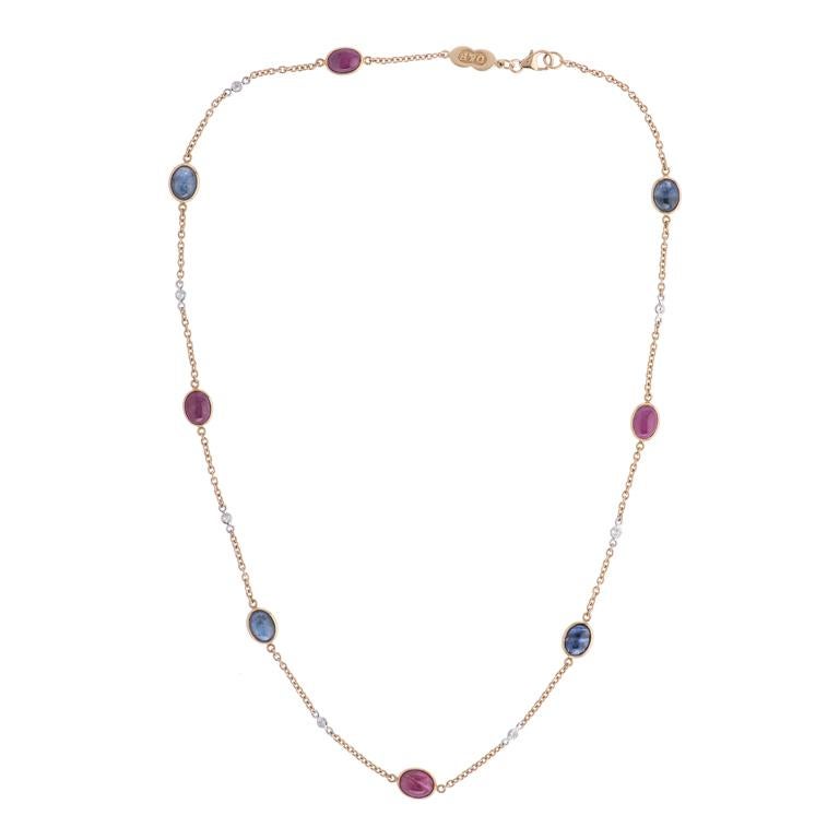 Cabochon Deakin & Francis 18 Karat Yellow Gold Diamond, Ruby and Sapphire Necklace For Sale