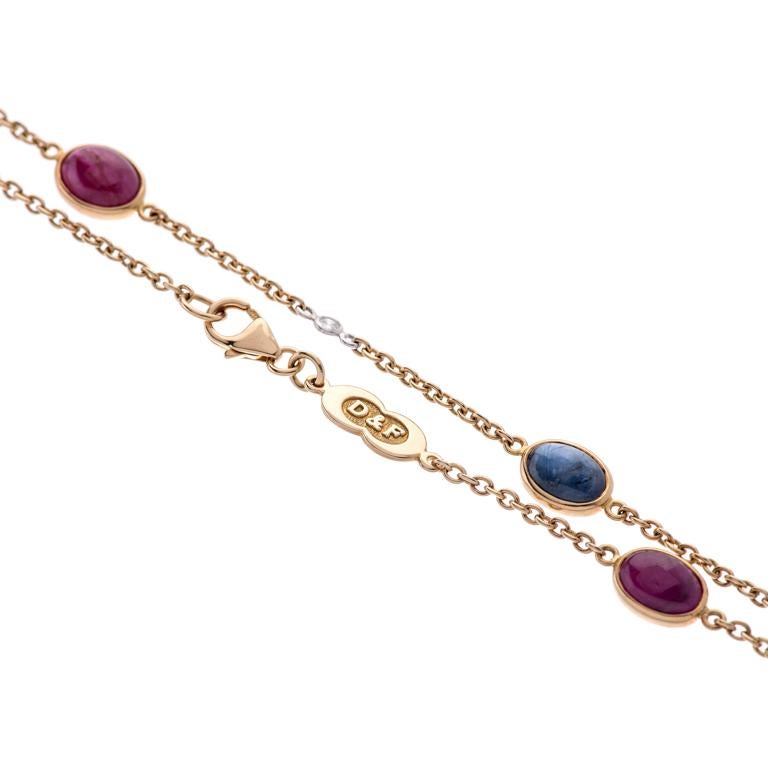 DEAKIN & FRANCIS, Piccadilly Arcade, London

This stunning one of a kind diamond, ruby and sapphire necklace is a wonderful addition to any jewellery box. This necklace features four cabochon sapphires, four cabochon rubies and seven delicate