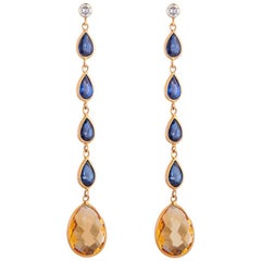 Deakin &amp;amp; Francis Boucles d'oreilles en goutte en or jaune 18 carats avec diamants, saphirs et citrine