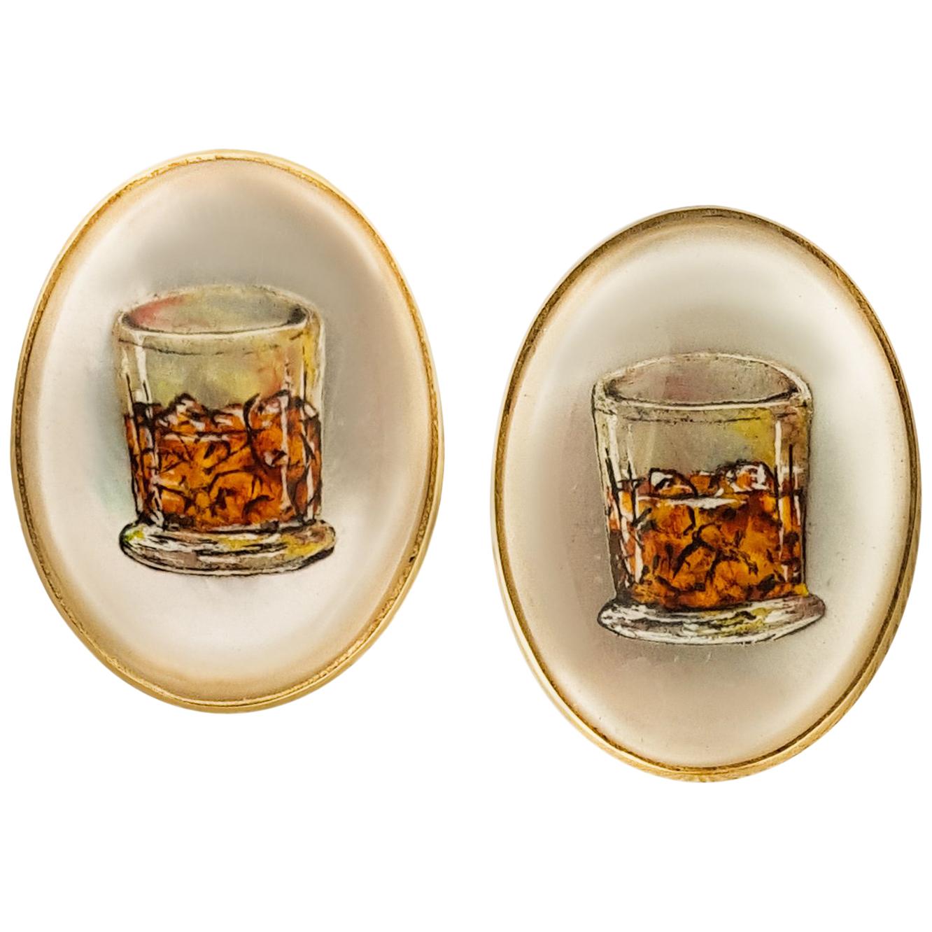 Deakin & Francis 18 Karat Yellow Gold Painted Whiskey Glass Cufflinks