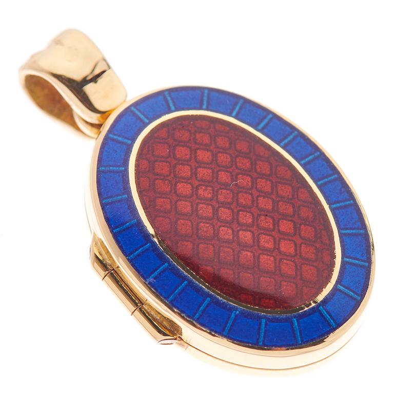 Deakin & Francis 18 Karat Yellow Gold Royal Blue and Red Enamel Locket In New Condition For Sale In Birmingham, West Midlands