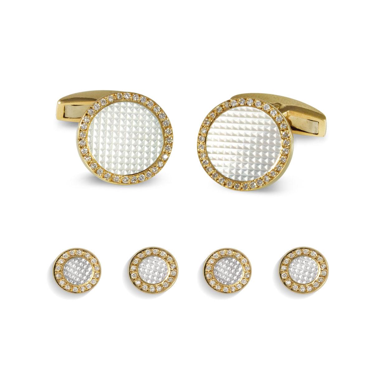Round Cut Deakin & Francis 18 Carat Gold Round Hobnail Patterned Cufflinks with Diamonds For Sale
