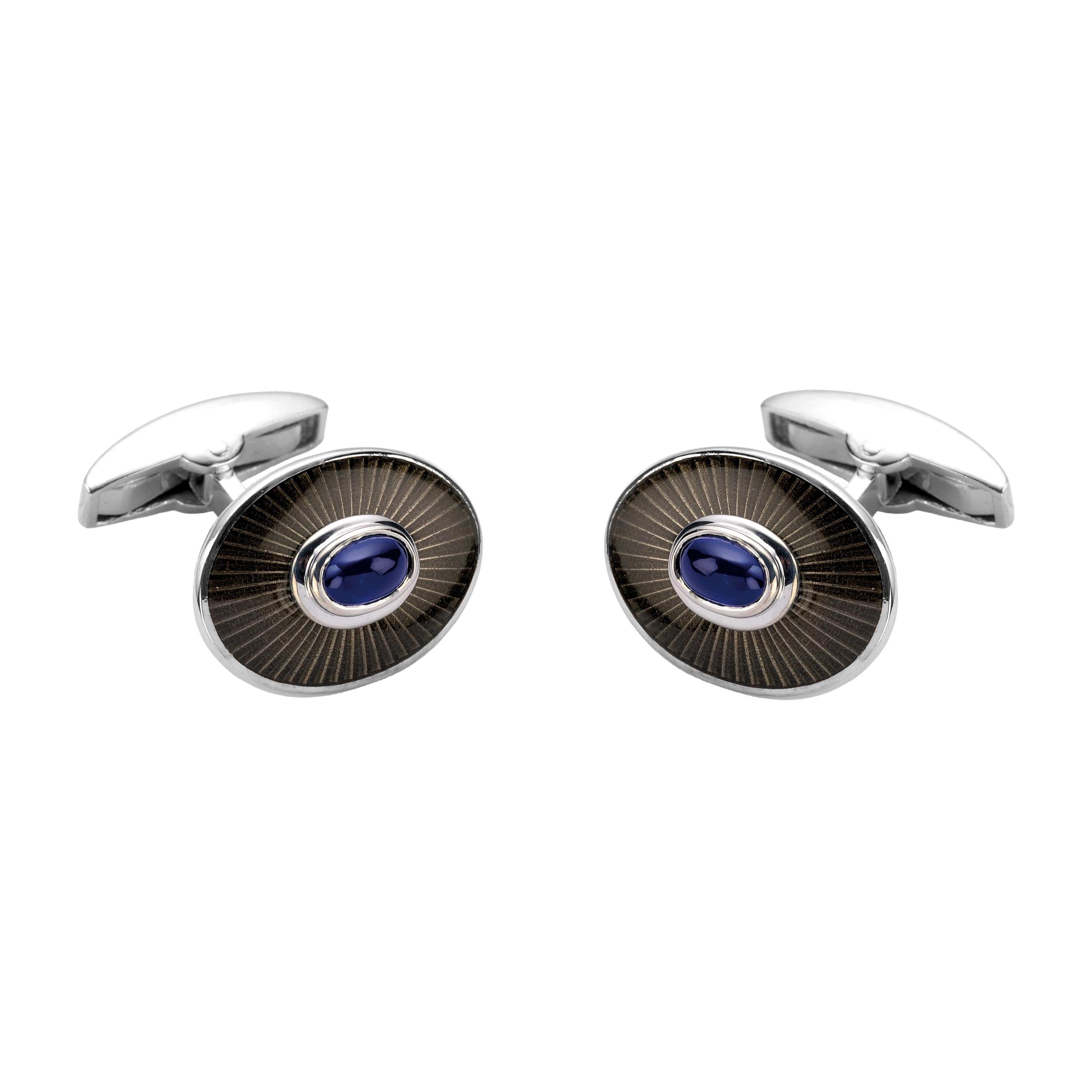 Deakin & Francis 18ct White Gold Enamel Cufflinks with Sapphire Cabochon Centre For Sale