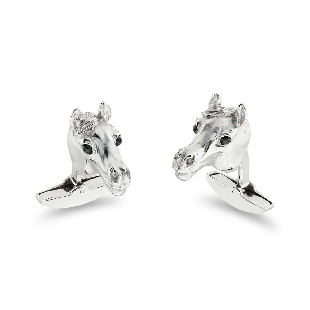 Cabochon Deakin & Francis 18ct White Gold Horse Head Cufflinks with Onyx Eyes For Sale