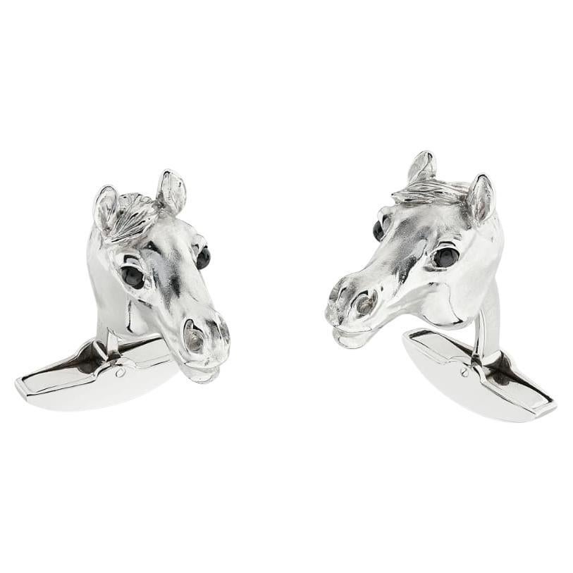Deakin & Francis 18ct White Gold Horse Head Cufflinks with Onyx Eyes For Sale