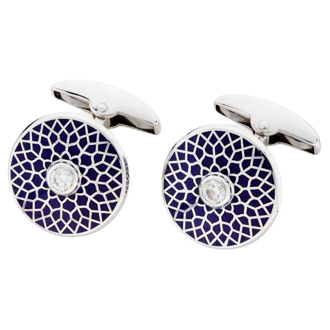 Deakin & Francis 18ct White Gold Navy Blue Patterned Cufflinks with Diamond For Sale