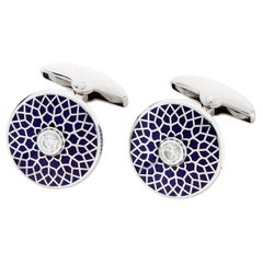 Deakin & Francis 18ct White Gold Navy Blue Patterned Cufflinks with Diamond