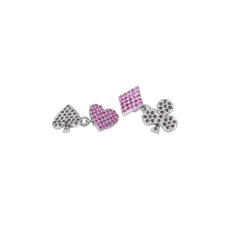 DEAKIN & FRANCIS, Piccadilly Arcade, London

Get a royal flush with these luxurious playing card symbol cufflinks. Made from the finest 18ct white gold, these cufflinks feature ruby heart and diamond symbols and black diamond clubs and spade