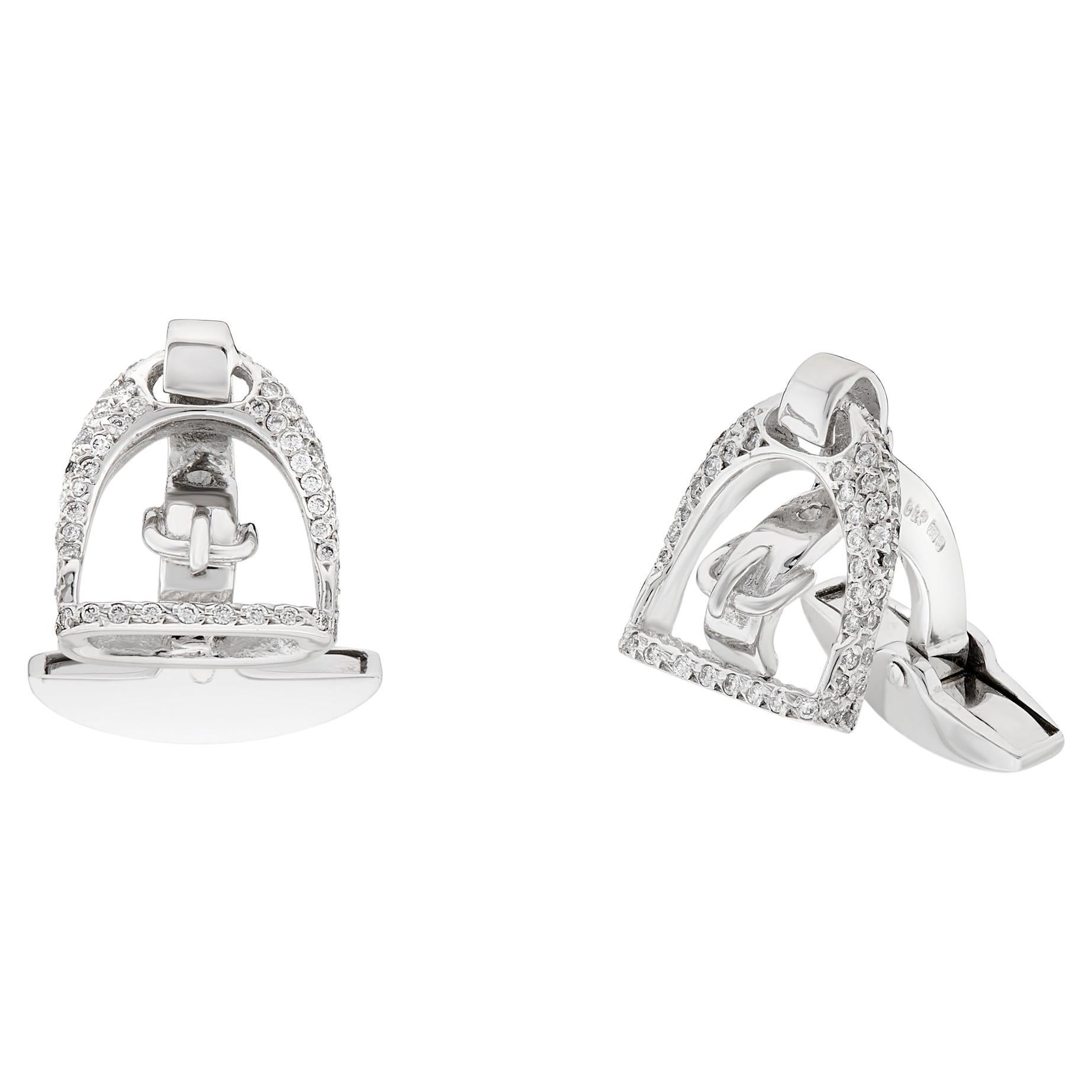 Deakin & Francis 18ct White Gold Stirrup Cufflinks with Pavé Diamond Border For Sale