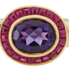 Deakin & Francis 18 Carat Yellow Gold Amethyst Ring with Ruby Border