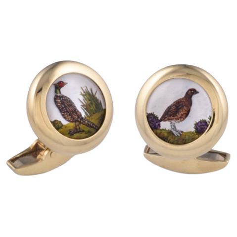 Deakin & Francis 18ct Yellow Gold Hand-Painted Rock Crystal Game Cufflinks