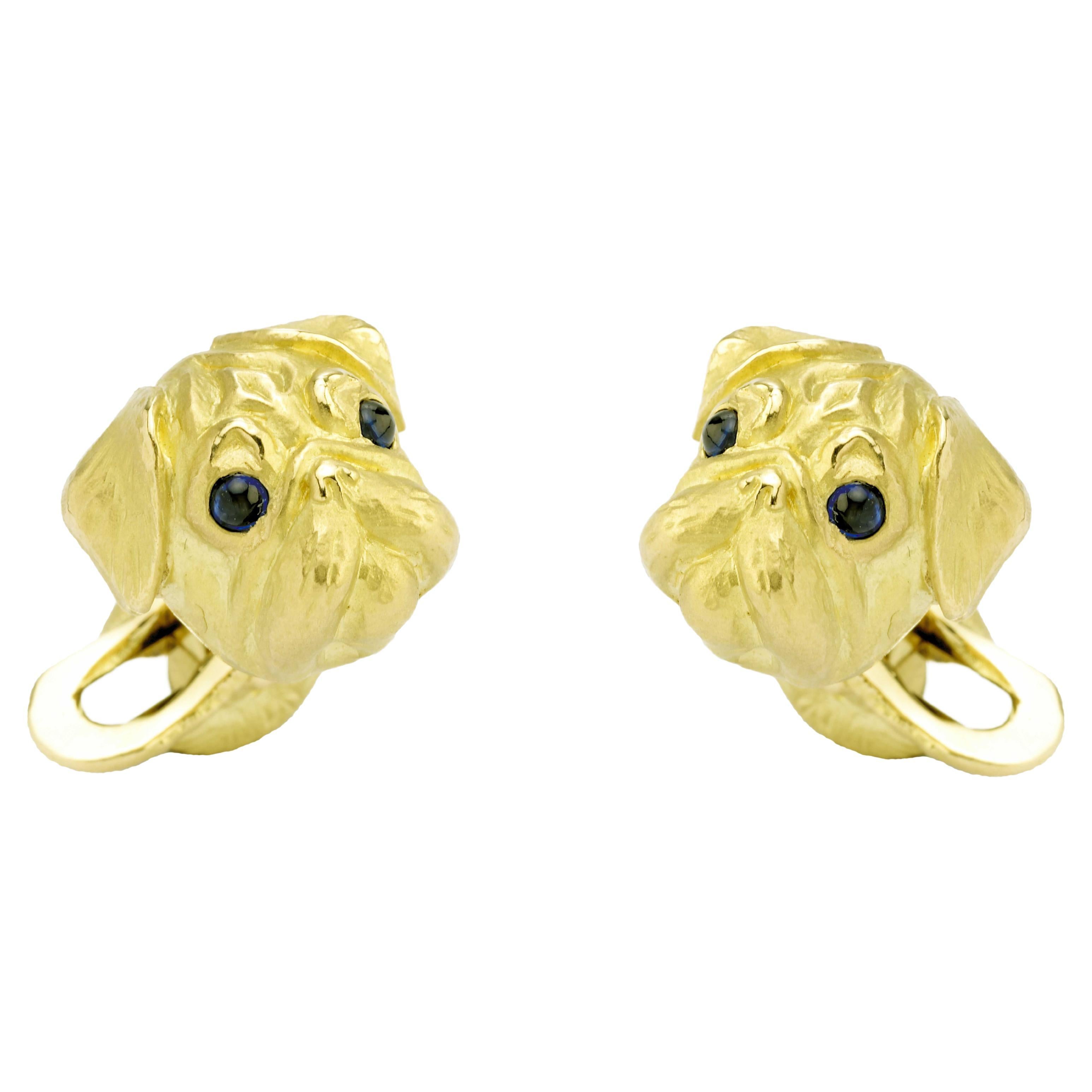 Deakin & Francis 18ct Yellow Gold Pug Cufflinks with Sapphire Eyes