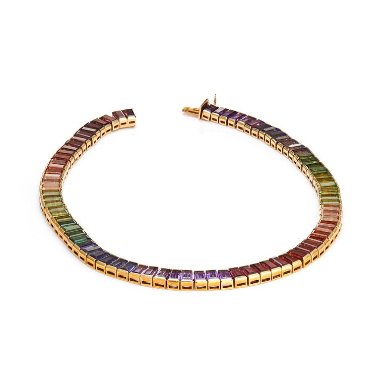 DEAKIN & FRANCIS, Piccadilly Arcade, London

This magnificent 18ct yellow gold necklace is made up of 81 graduated coloured gemstones. With this amazing graduation of colour throughout each gemstone, the colours elegantly blend together creating the