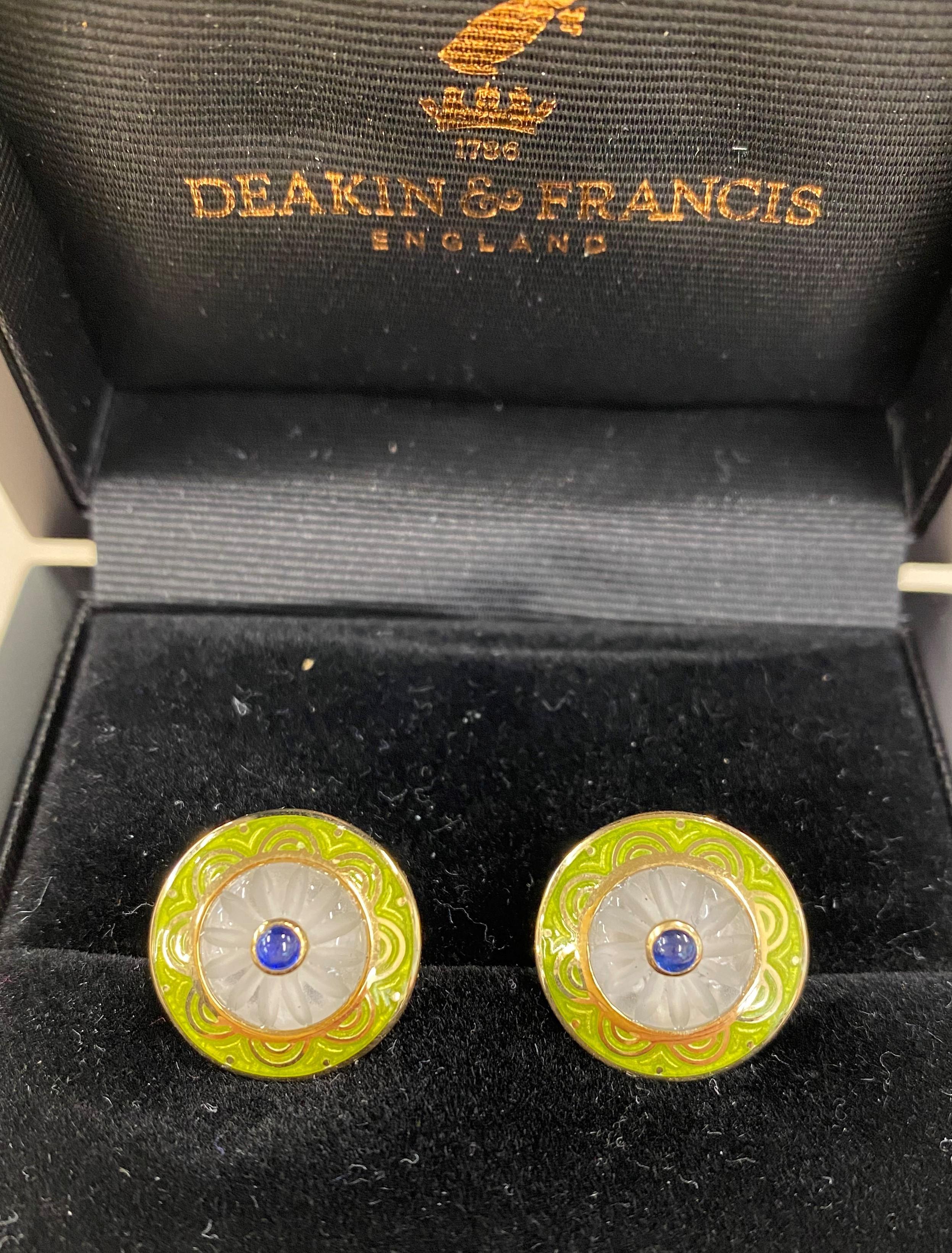 Contemporary Deakin & Francis 18kt Gold Cufflinks with Crystal and Sapphire Centre and Enamel For Sale