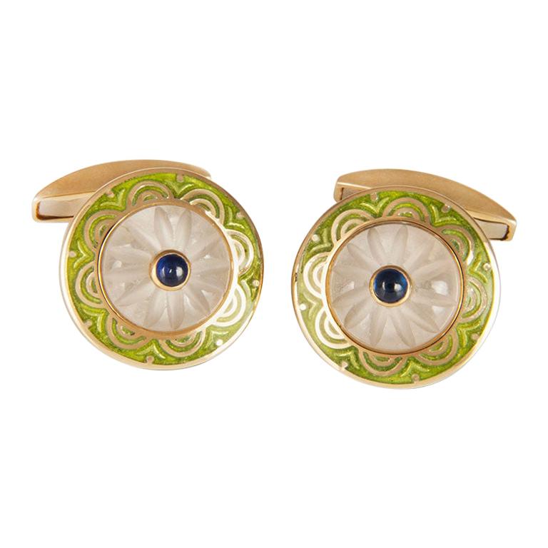 Deakin & Francis 18kt Gold Cufflinks with Crystal and Sapphire Centre and Enamel For Sale