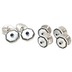 Deakin &Francis 18kt WG Mother of Pearl, Blue Sapphire 6 Pc Cuff Link & Stud Set