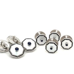 Deakin & Francis 18kt WG Madreperla, zaffiro blu 6 pezzi A Link e borchie