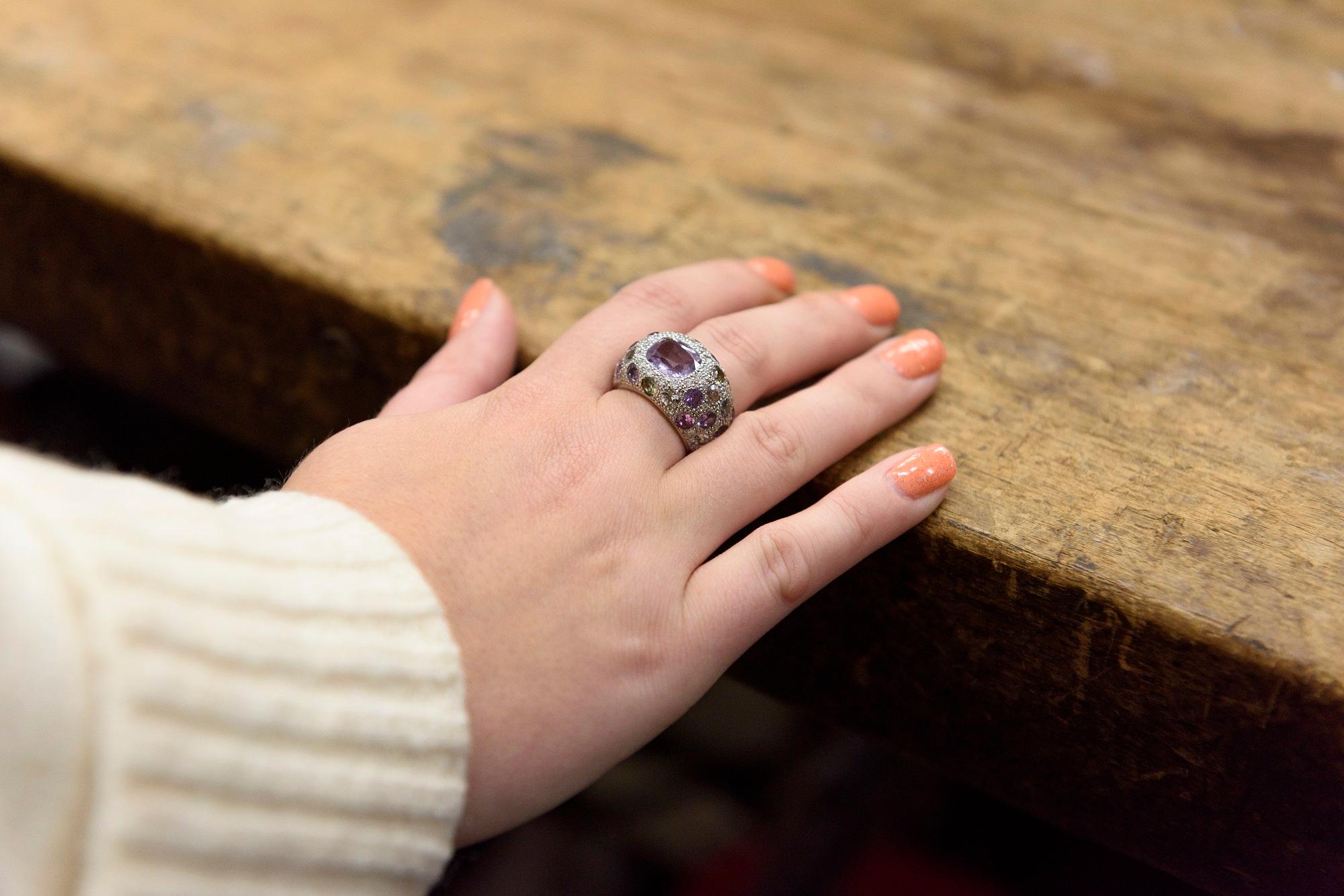 This limited edition ring is the only one to ever be made. Totally unique and totally stunning! This 18kt white gold diamond and multi-kunzite ring is made from the finest quality metal and gemstones. This ring is a size K1/2. Dazzle this Christmas