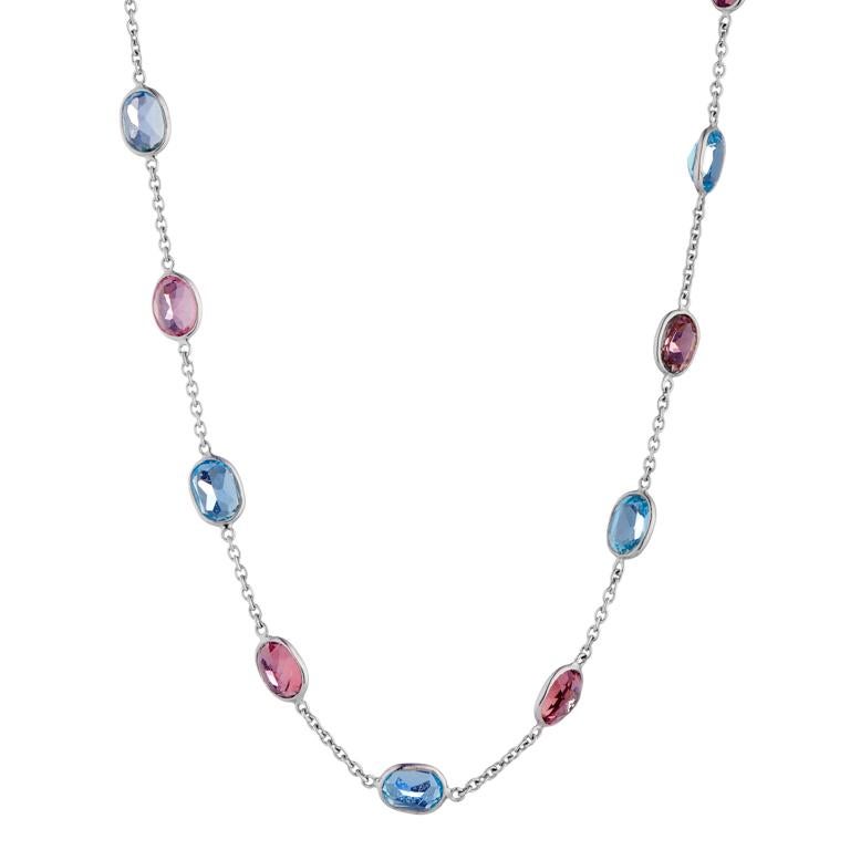 DEAKIN & FRANCIS, Piccadilly Arcade, London

This one of a kind 18ct white gold pink tourmaline and blue topaz necklace is a stunning addition to any jewellery box. This necklace is comprised of 8 pink tourmaline’s and 7 blue topaz gemstones. The