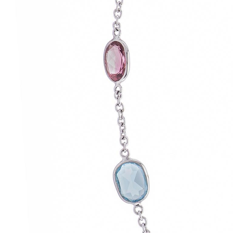 Oval Cut Deakin & Francis 18 Karat White Gold Pink Tourmaline and Blue Topaz Necklace