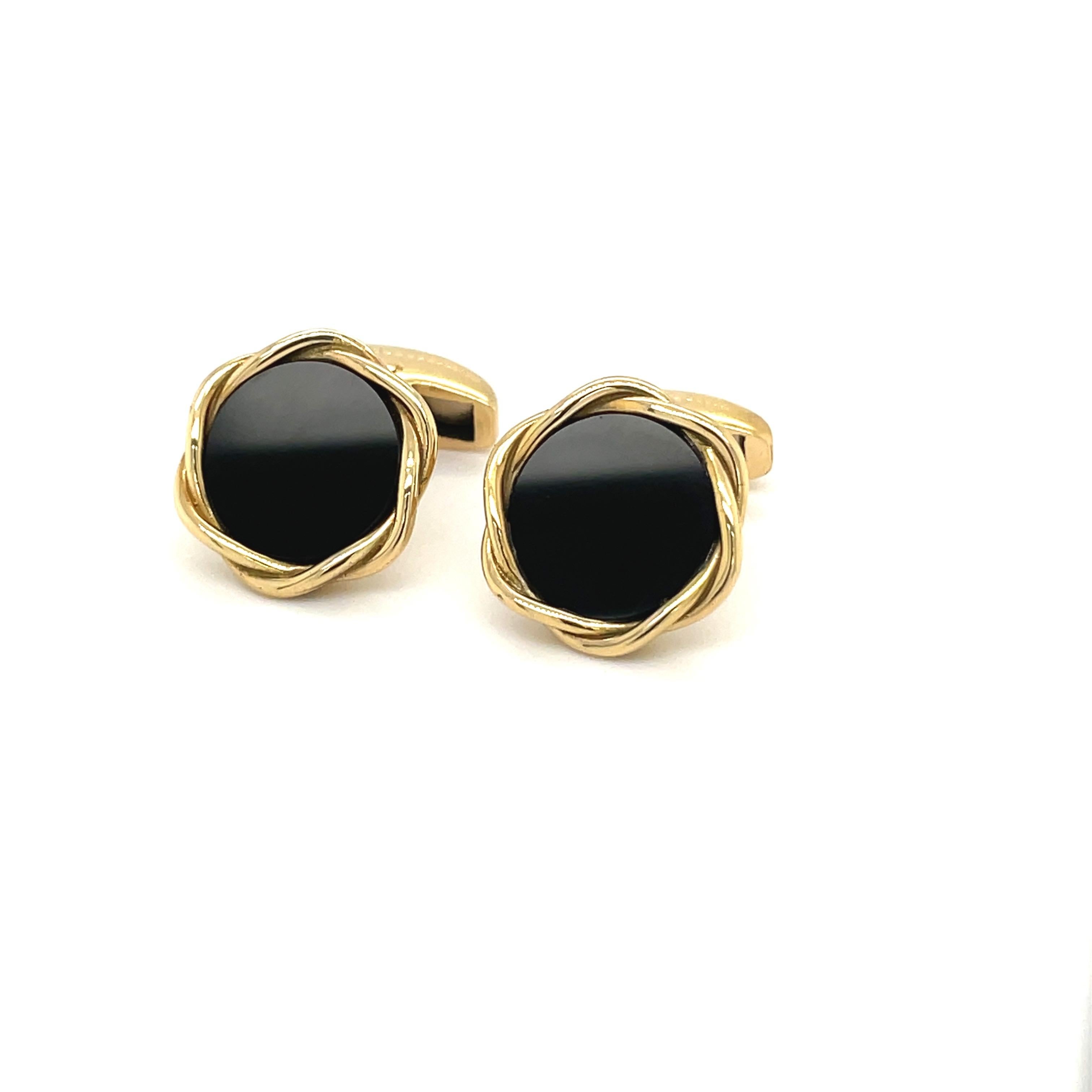 Contemporary Deakin & Francis 18KT Yellow Gold Onyx Cuff Links with Twist Bezel For Sale