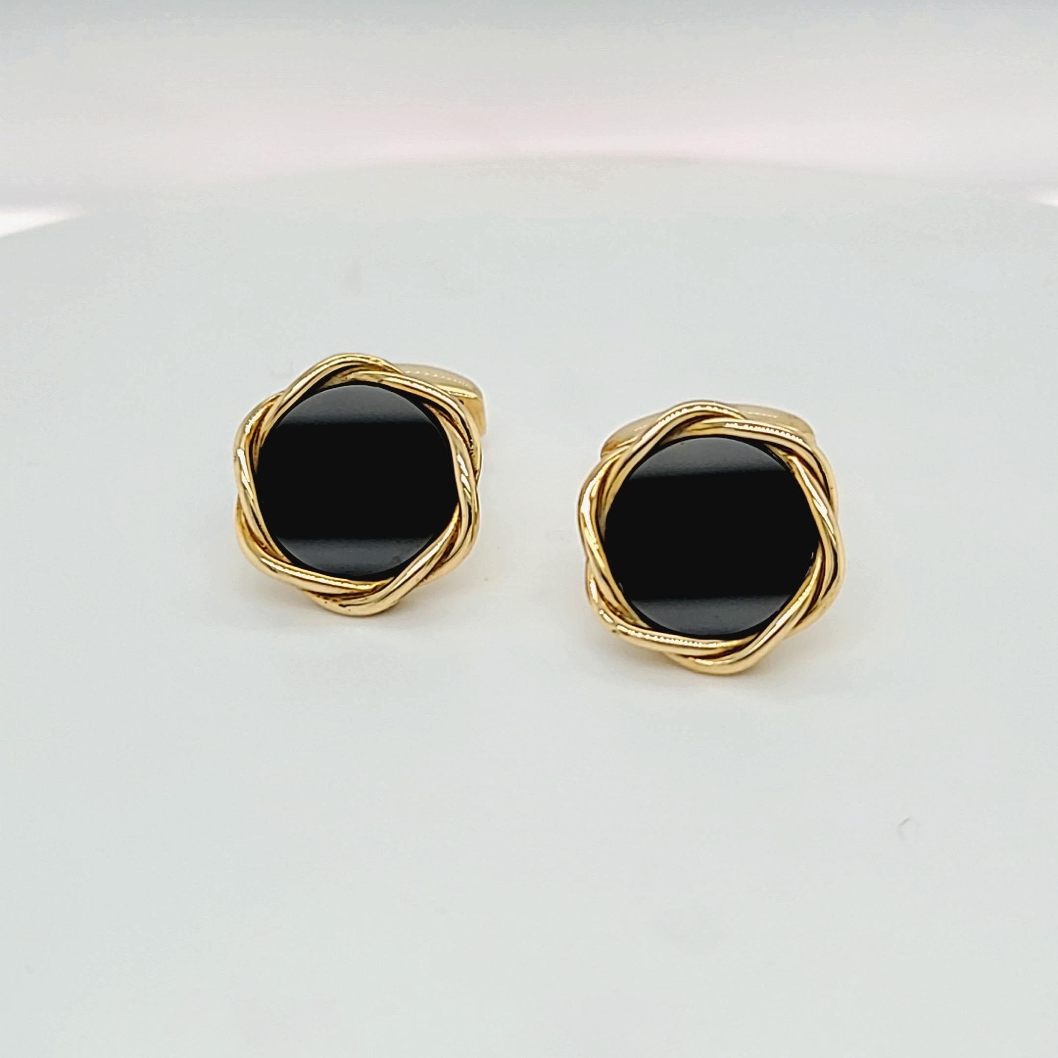 Round Cut Deakin & Francis 18KT Yellow Gold Onyx Cuff Links with Twist Bezel For Sale