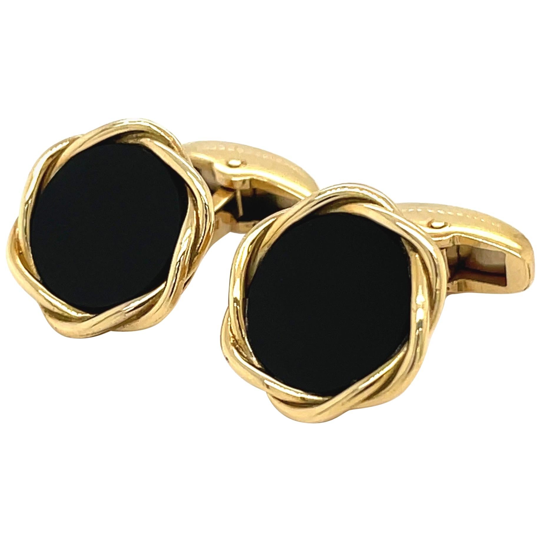 Deakin & Francis Boutons de manchette en or jaune 18 carats et onyx avec lunette torsadée