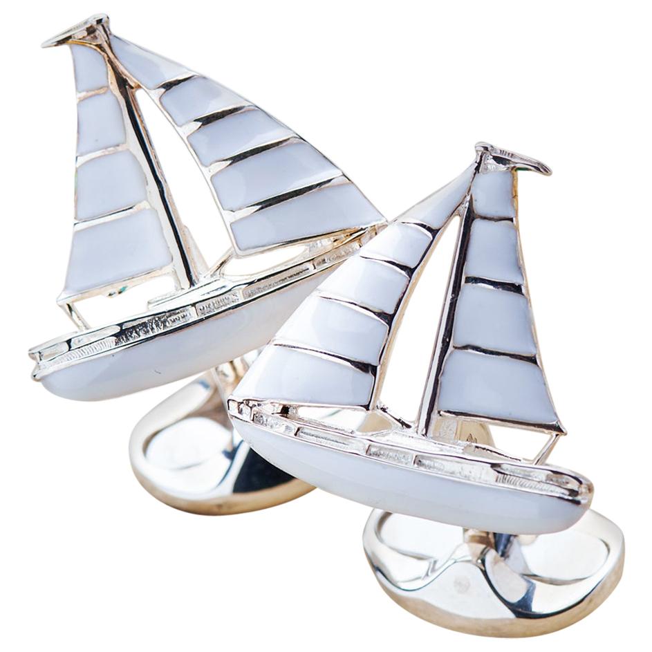 Deakin & Francis 1st Dibs Exclusive Sterling Silver White Enamel Yacht Cufflinks For Sale