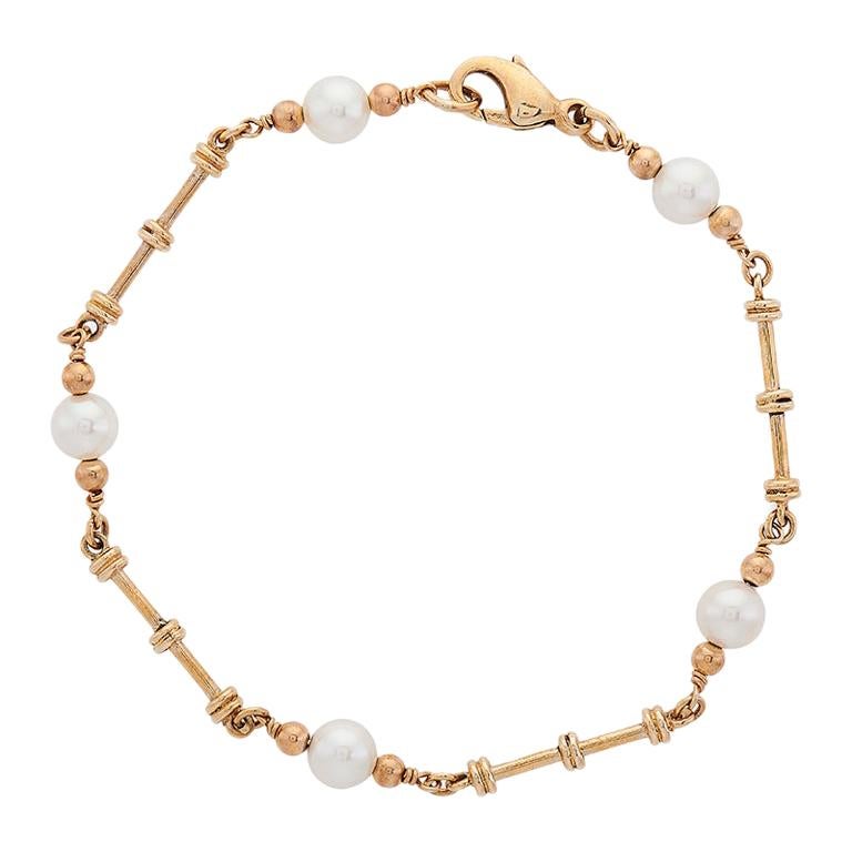 Deakin & Francis 9 Karat Gold Cultured Pearl Dumbbell Link Bracelet For Sale