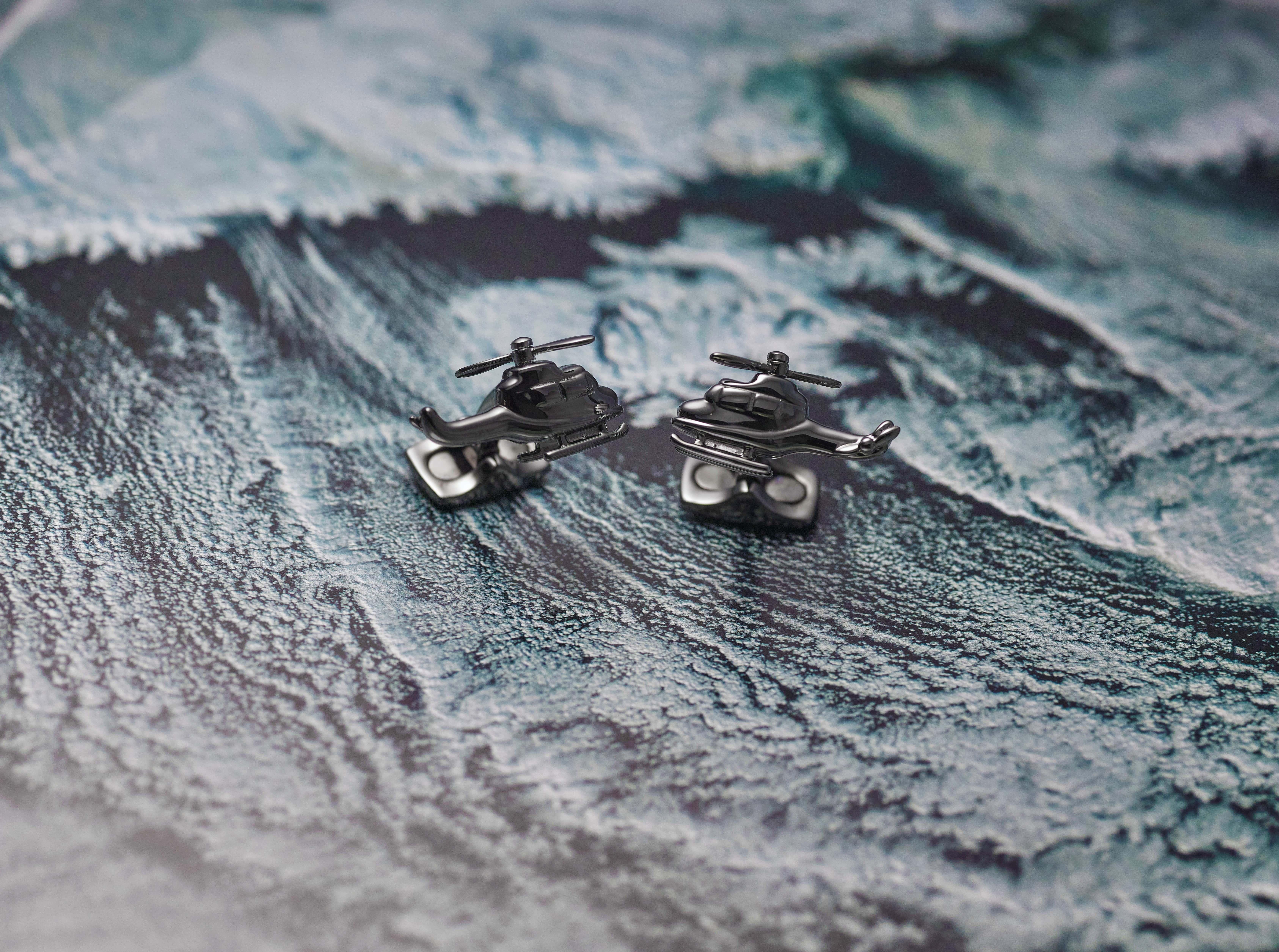DEAKIN & FRANCIS, Piccadilly Arcade, London

Ride the skies with these dark grey rhodium helicopter cufflinks. Perfect for all budding pilots or aviation enthusiasts. You can even spin the propellers to ensure you’re ready for the runway!