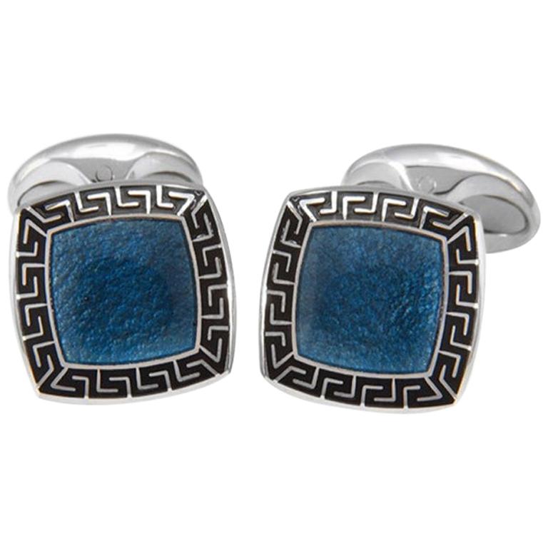 Deakin & Francis Bentley Blue and Black Enamel Silver Cufflinks For Sale