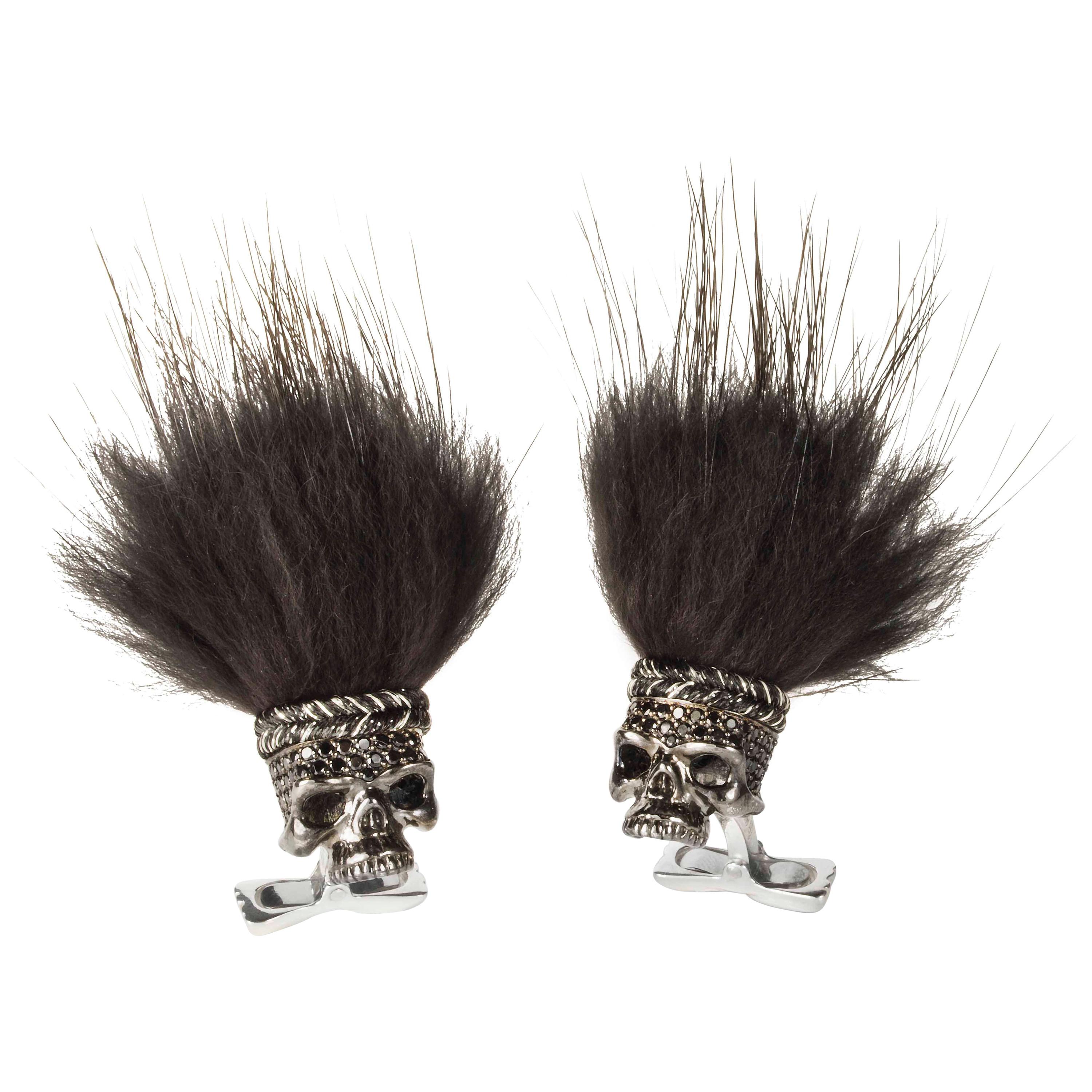 Deakin & Francis Black Spinel Savage Skull Cufflinks with Black Hair For Sale