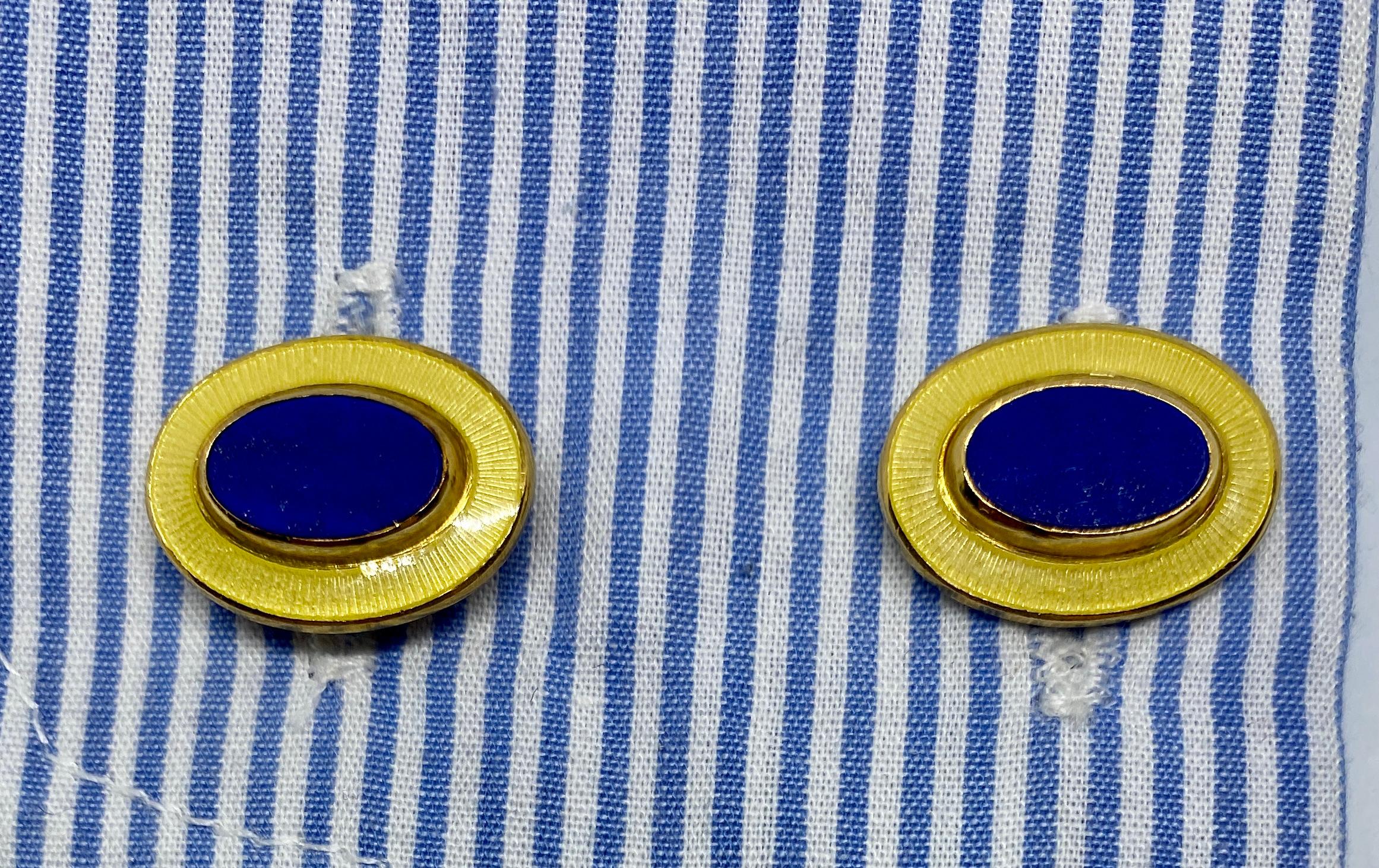 Oval Cut Deakin & Francis Cufflinks in 18 Karat Yellow Gold with Inset Lapis and Enamel