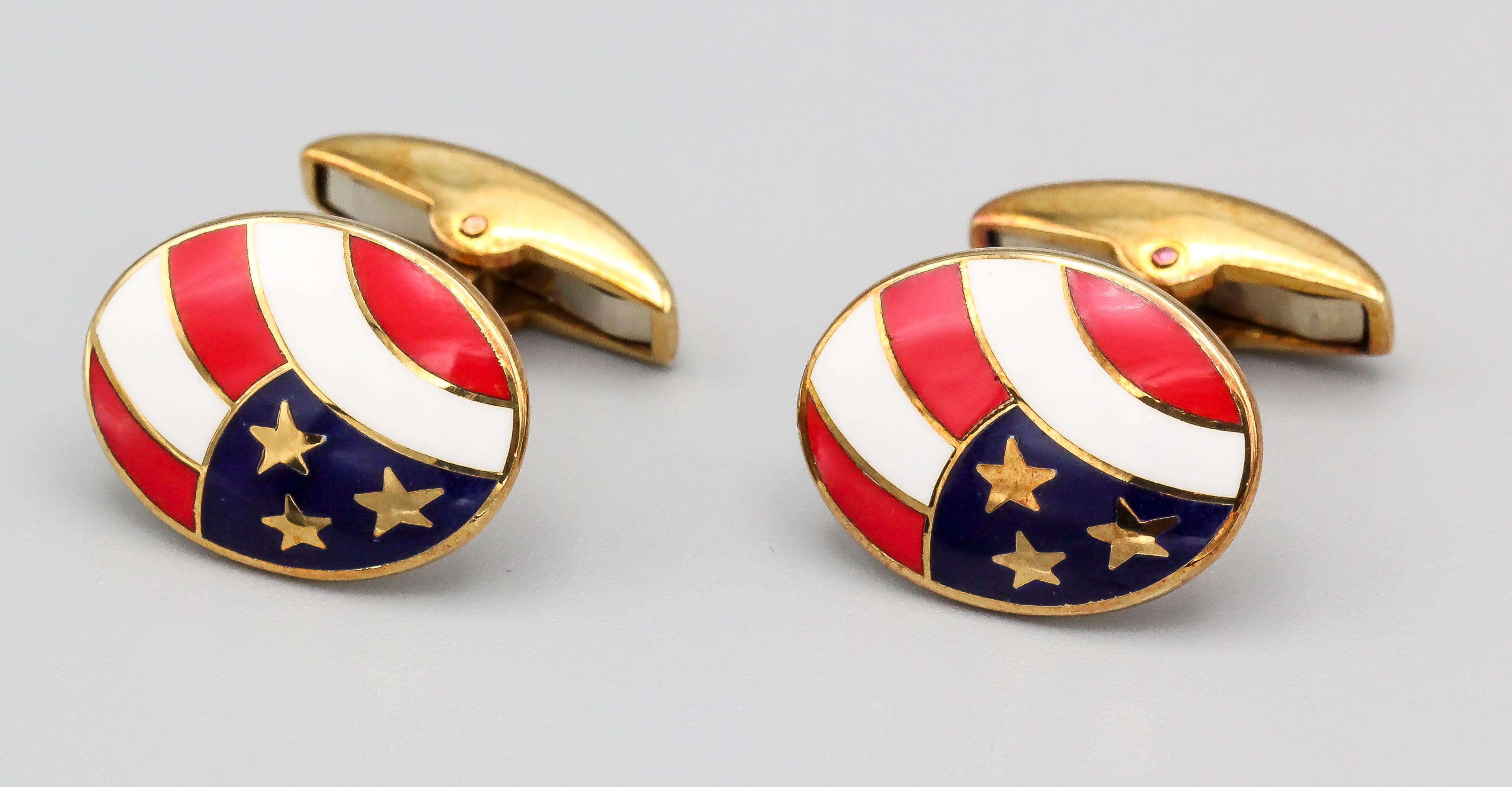 Handsome enamel and 18K yellow gold cufflinks by Deakin & Francis. They feature a stars and stripes enamel theme.

Hallmarks: D&F, 750, English standard marks