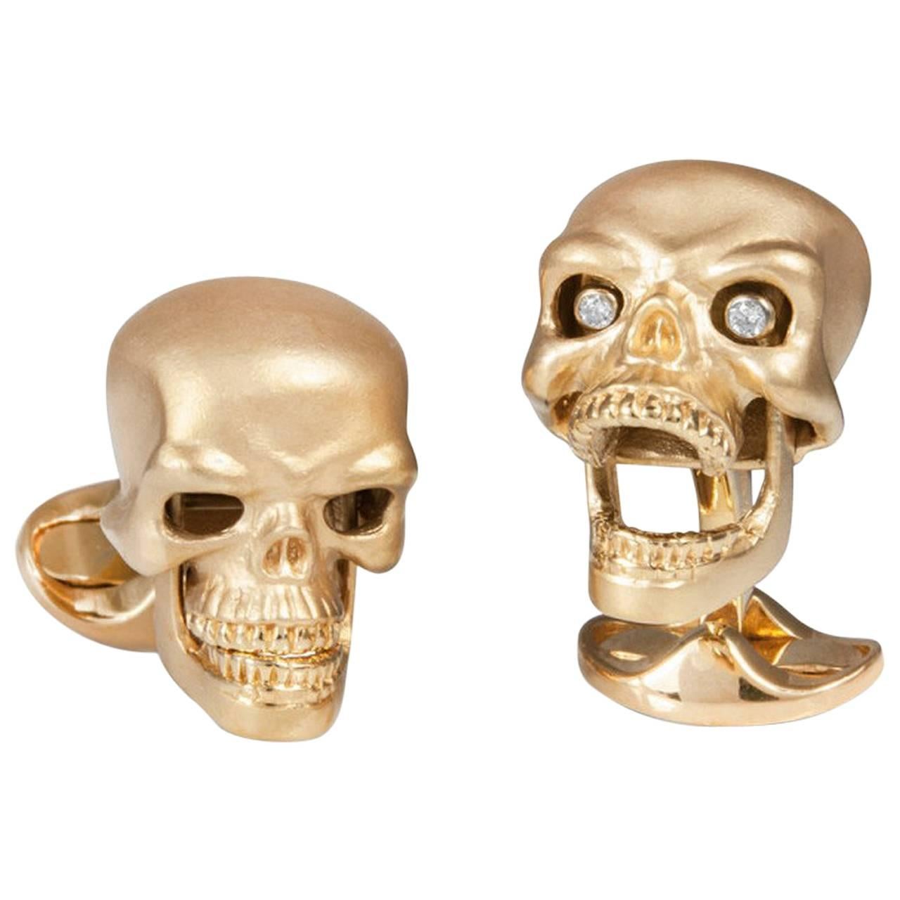 Deakin & Francis Gold Plated Sterling Silver Skull Cufflinks with Diamond Eyes