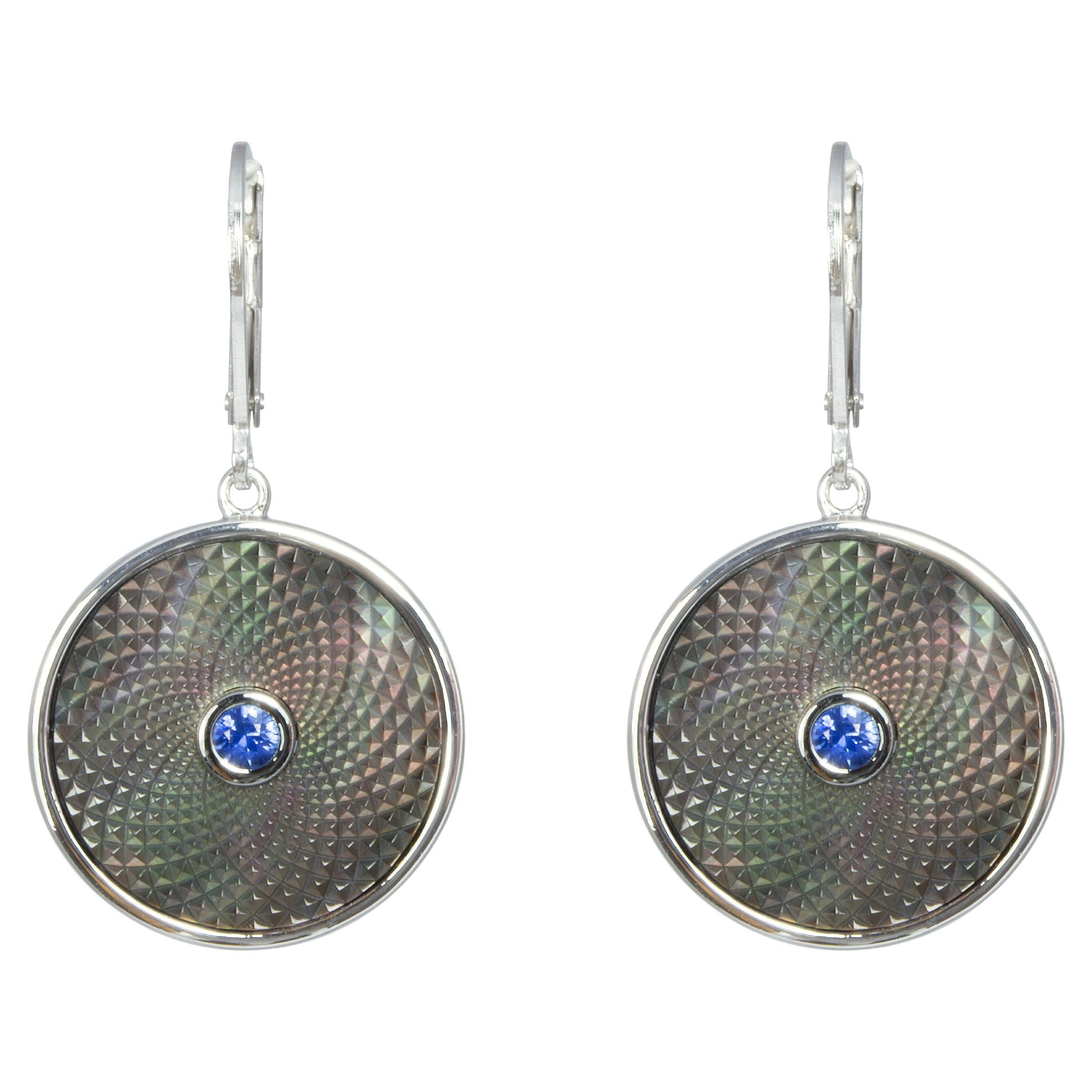 Deakin & Francis Grey Mother-of-Pearl Dreamcatcher Earrings with Blue Sapphire For Sale