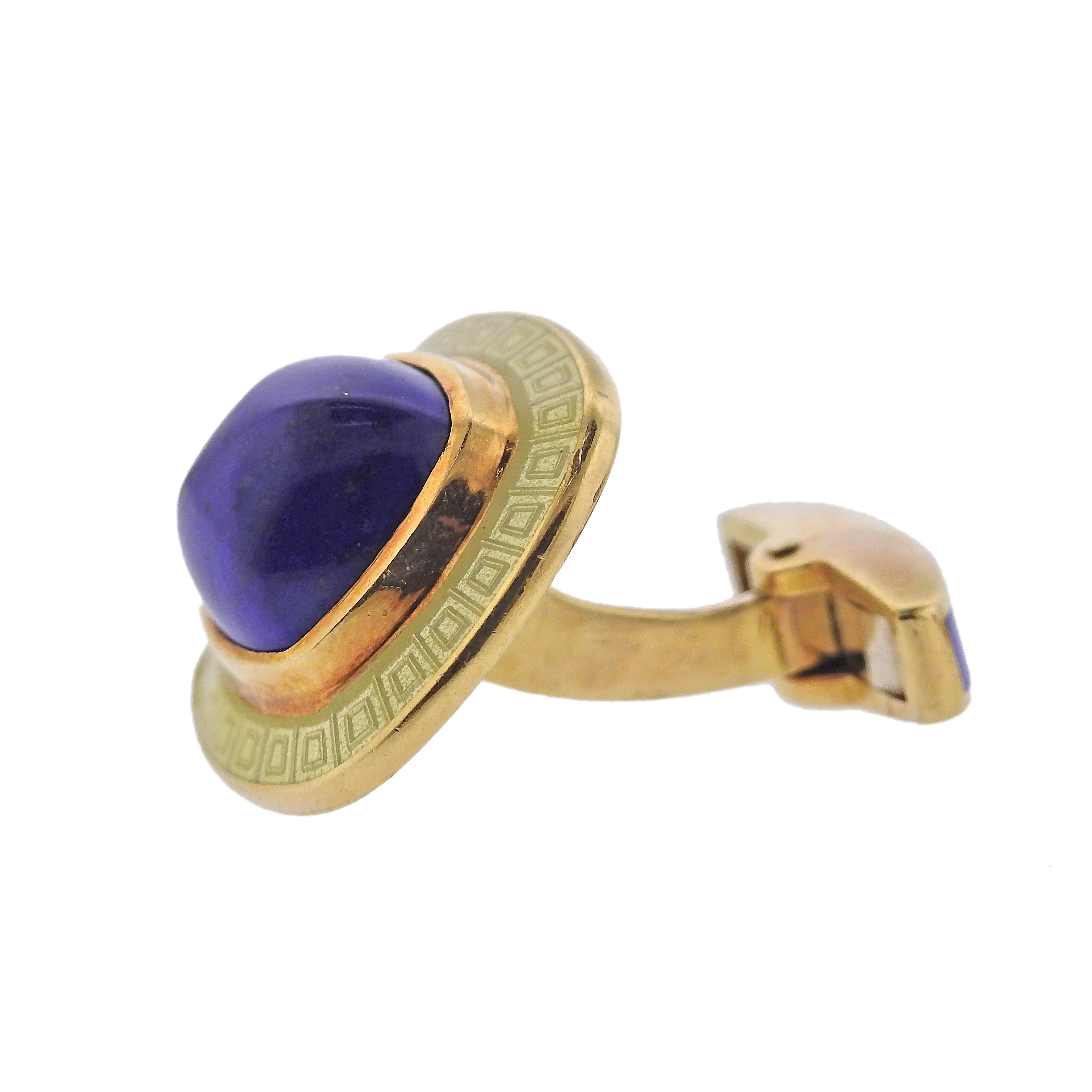 Pair of 18k yellow gold cufflinks by Deakin  & Francis, decorated with enamel and lapis lazuli. Cufflink top is 19mm x 19mm. Weight - 34.3 grams. Marked: D&F, English marks, England. 