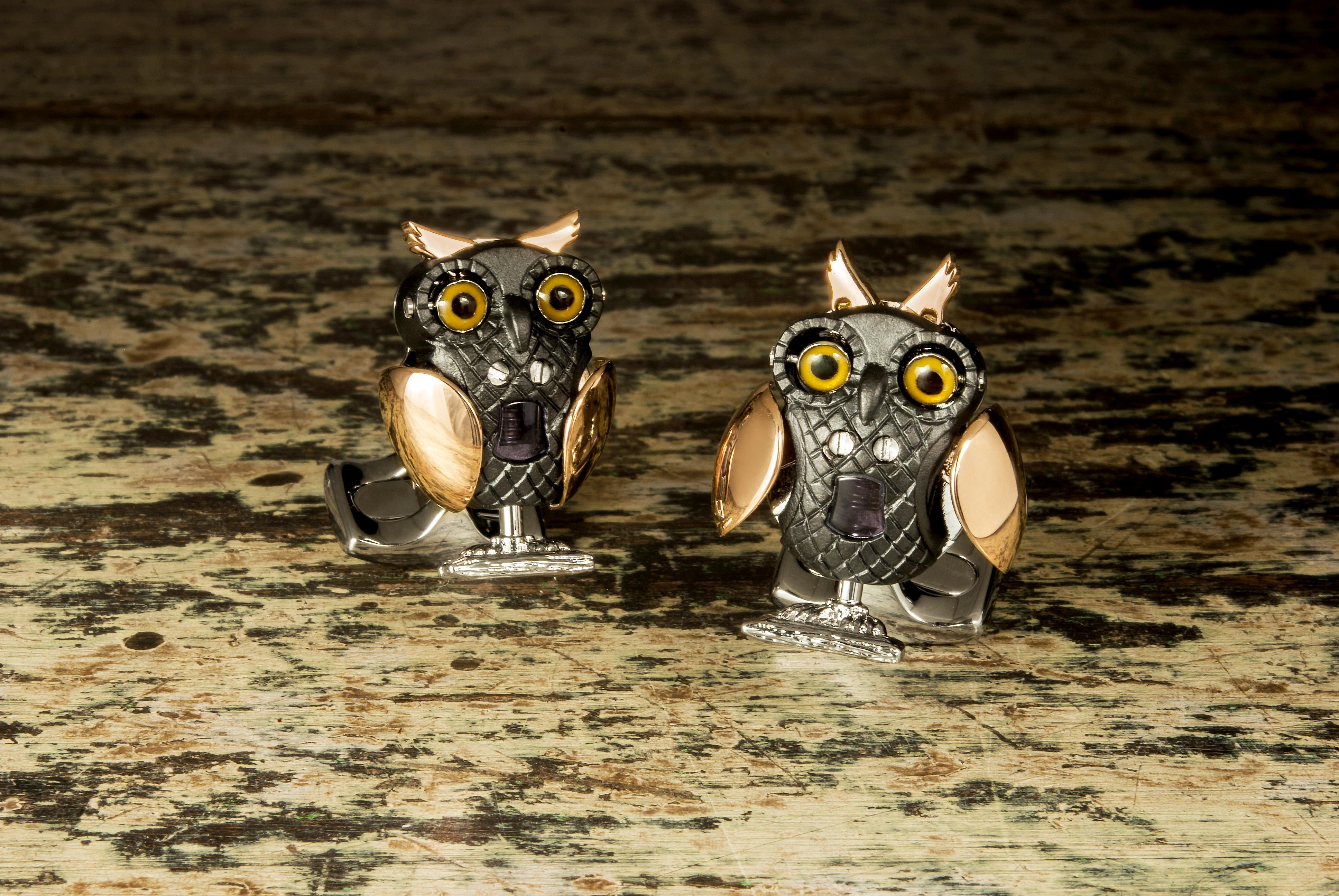 DEAKIN & FRANCIS, Piccadilly Arcade, London.
These beautiful owls have bright beady eyes and a textured, black rhodium body that will sit patiently in wait on your cuff. However, push gently on his feet and watch as his striking gold plated wings
