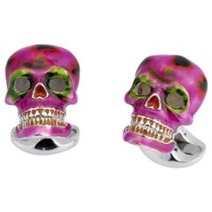 Deakin & Francis Pink and Green Enamel Silver Skull Cufflinks