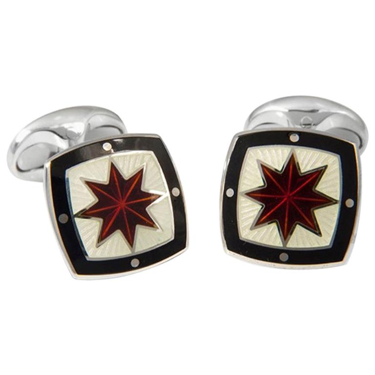 Deakin & Francis Red, Ivory and Black Enamel Star Silver Cufflinks For Sale