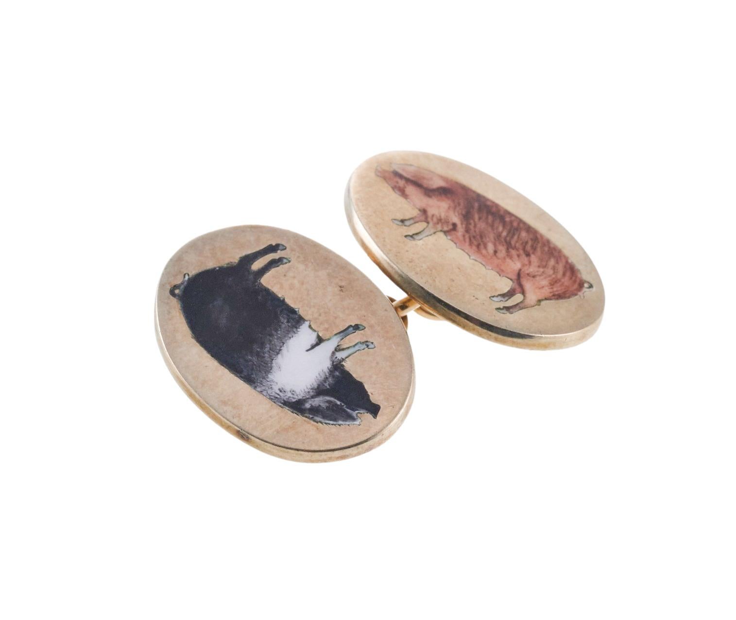 Deakin & Francis Retailed by Hancock's Pig Enamel Gold Cufflinks In Excellent Condition For Sale In New York, NY