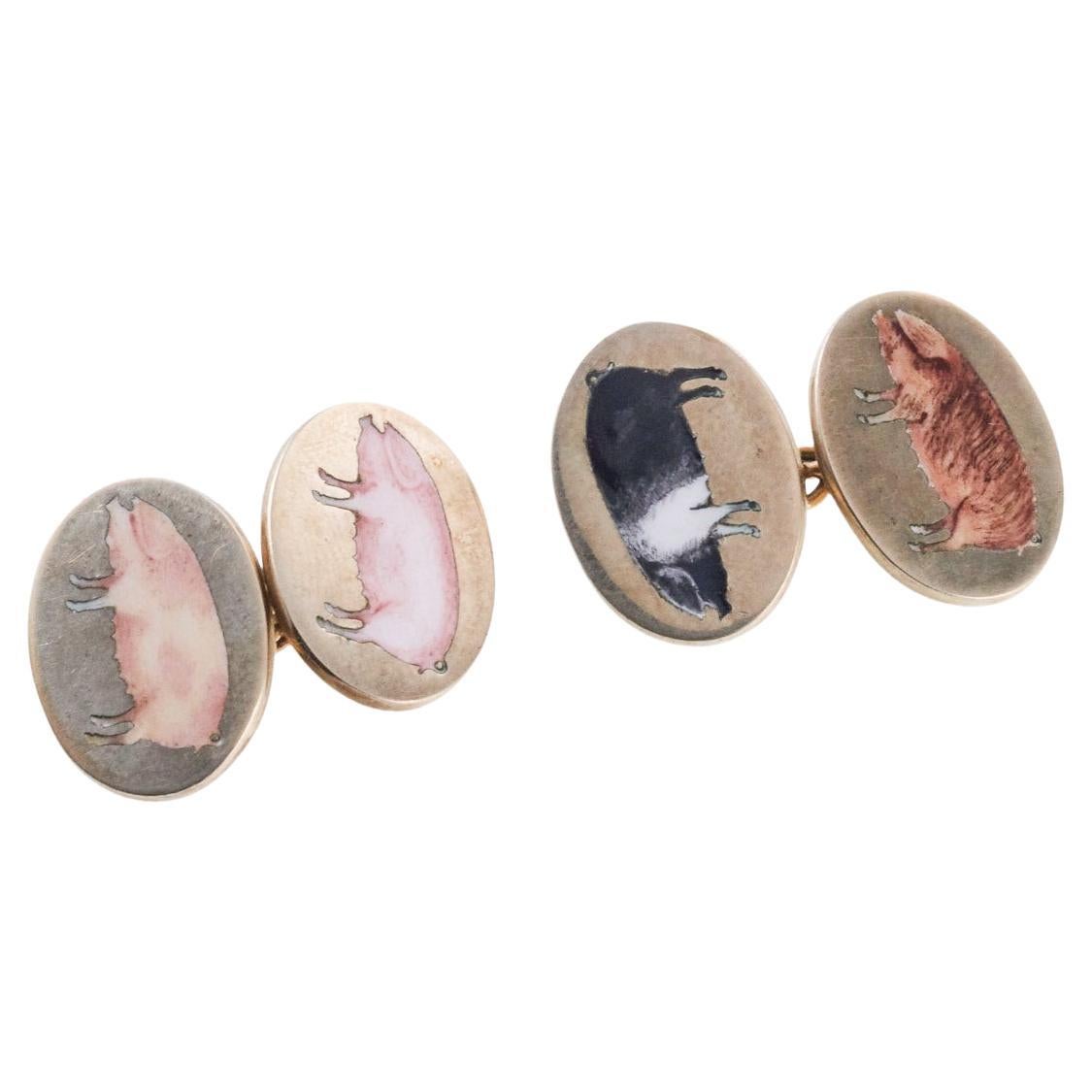 Deakin & Francis Retailed by Hancock's Pig Enamel Gold Cufflinks