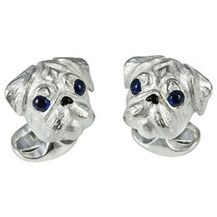 Deakin & Francis Sapphire Sterling Silver Pug Head Dog Cufflinks