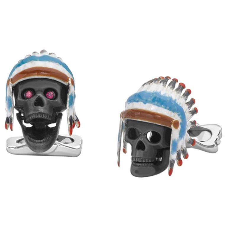 Deakin & Francis Silver and Enamel Native American Skull Cufflinks For Sale
