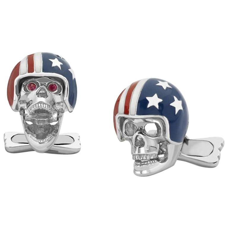 Deakin & Francis Silver and Enamel USA Flag Helmet Skull Cufflinks For Sale